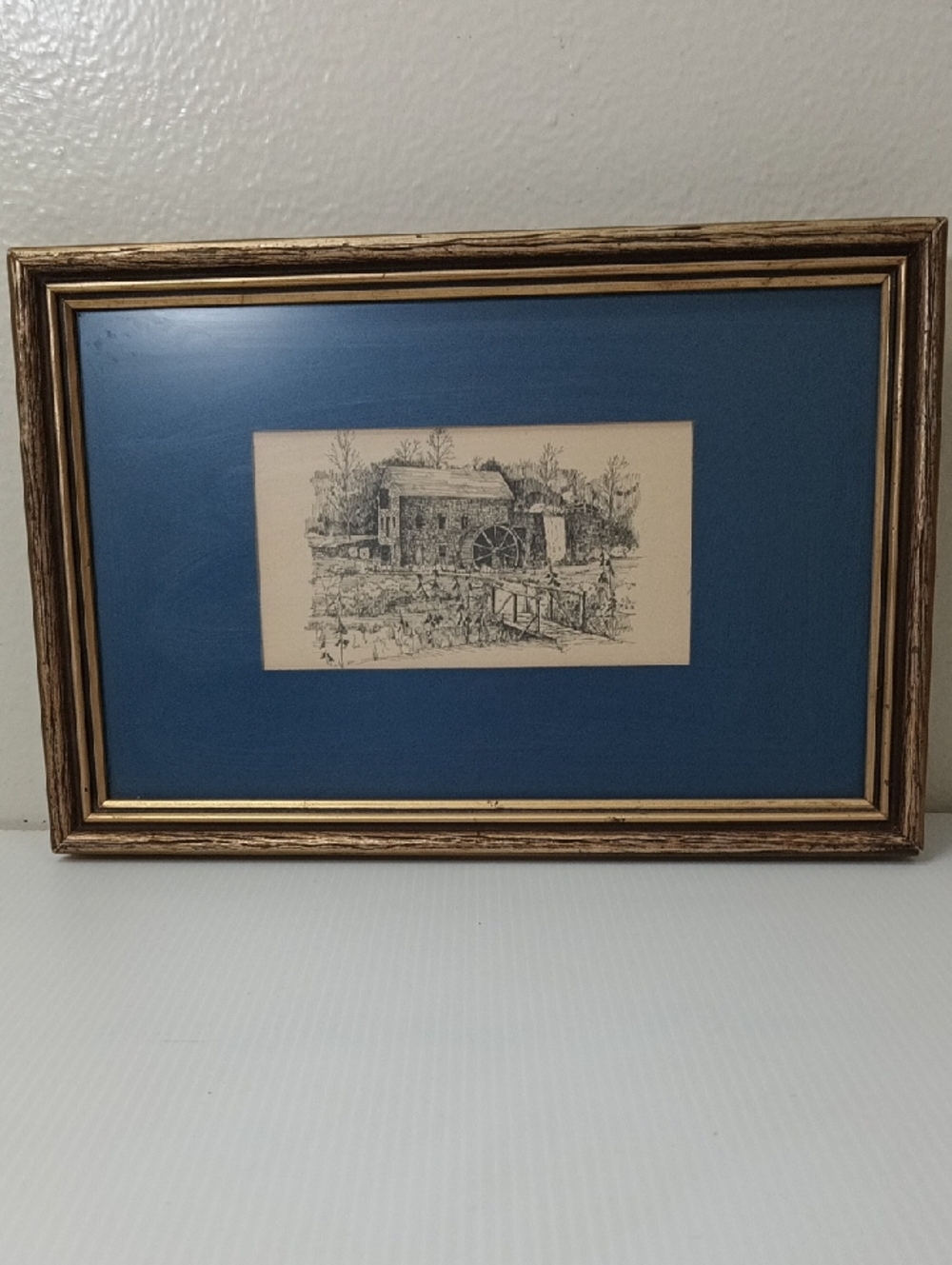 Framed Vintage CLARK M. GOFF Art Print GRIST MILL with Blue Mat